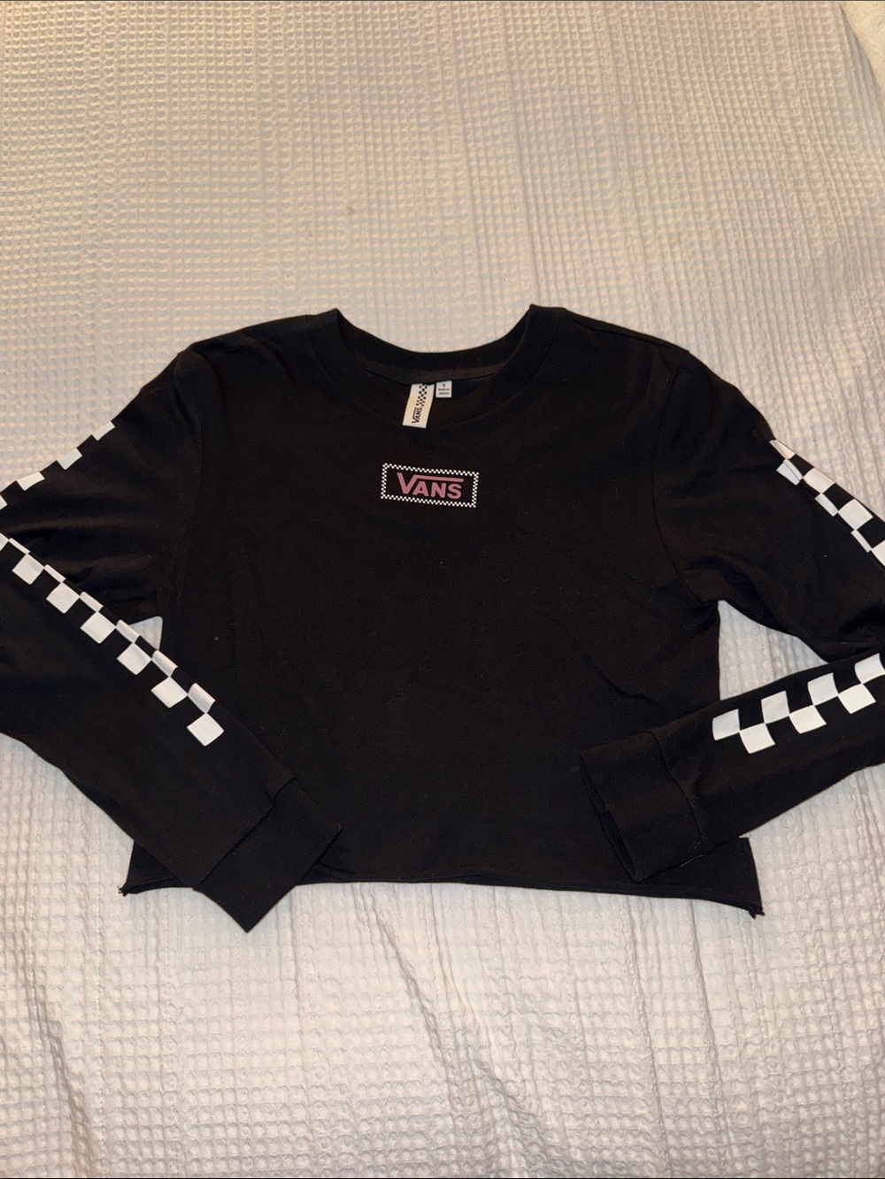 Vans Black Cropped Long Sleeve Top with White Checker Stripes